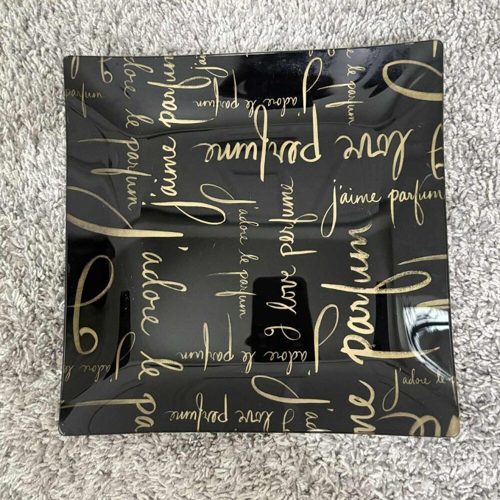 Beautiful Black with Gold Writing Glass Tray Size 9x9 inches